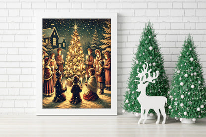 Christmas Eve Candlelight Gathering - Vintage Holiday Canvas - Joyful Christmas Tree Lighting - Classic Winter Wall Art - Silent Night Christmas Canvas