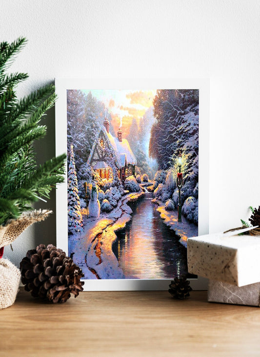 Winter Wonderland Cottage - Peaceful Holiday Canvas Art - Snowy Stream and Cozy Cabin - Christmas Wall Decor - Magical Winter Retreat - Rustic Snowy Scene Canvas