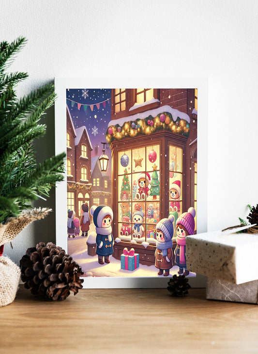 Holiday Toy Shop Canvas - Whimsical Christmas Window Scene - Festive Christmas Market Art - Children Admiring Holiday Toys - Charming Holiday Storefront Art - Perfect Christmas Decor