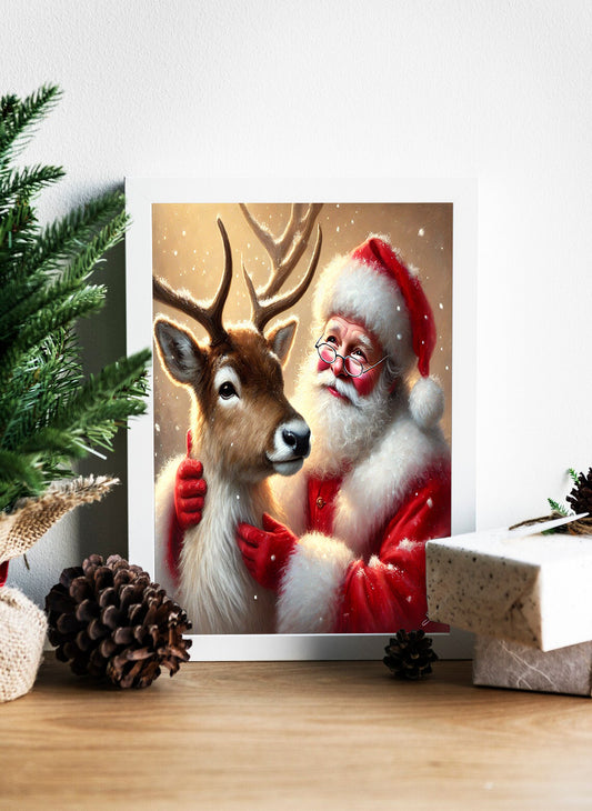 Santa and His Reindeer - Heartwarming Christmas Canvas - Classic Santa and Reindeer Canvas - Festive Holiday Decor - Cozy Holiday Canvas - Santa and Reindeer in Snow