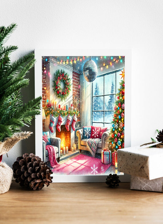 Cozy Christmas Living Room - Festive Holiday Canvas Art - Modern Christmas Decor - Wreath, Stockings, and Tree Canvas - Magical Christmas Interior - Warm and Bright Wall Art