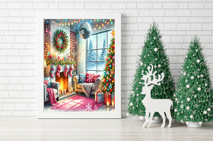 Cozy Christmas Living Room - Festive Holiday Canvas Art - Modern Christmas Decor - Wreath, Stockings, and Tree Canvas - Magical Christmas Interior - Warm and Bright Wall Art