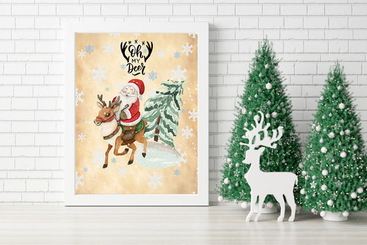 Oh My Deer: Santa's Festive Ride Wall Art - Oh My Deer - Watercolor Holiday Print - Holiday Cheer: Santa on His Trusty Reindeer - Whimsical Winter Art: Oh My Deer Canvas