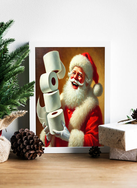Santa's Toilet Paper Tower - Funny Christmas Wall Art - Holiday Humor Canvas - Santa and His Roll of Laughs - Santa's Fun Side - Hilarious Christmas Canvas for the Home