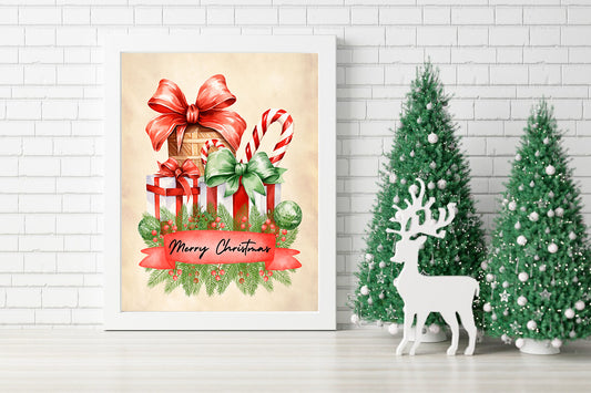 Christmas Cheer: Gifts and Greenery Canvas - Whimsical Christmas Presents and Candy Canes - Seasonal Decor: Merry Christmas Canvas