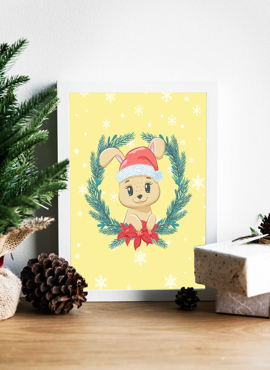 Festive Bunny Cheer Christmas Wall Art - Whimsical Christmas Bunny in a Snowy Wreath - Christmas Bunny Bliss - Seasonal Home Decor