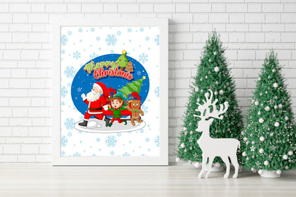 Santa's Merry Parade Christmas Wall Art - Jolly Christmas Crew Santa, Elf, and Gingerbread Scene Canvas - Santa’s Snowy Celebration Cheerful Canvas Print