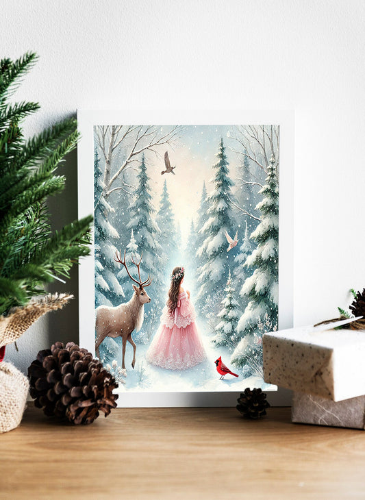 Enchanted Winter Forest Princess Canvas - A Magical Winter Stroll with Nature Print - The Princess and the Winter Woods Print - Mystical Winter Wonderland Art