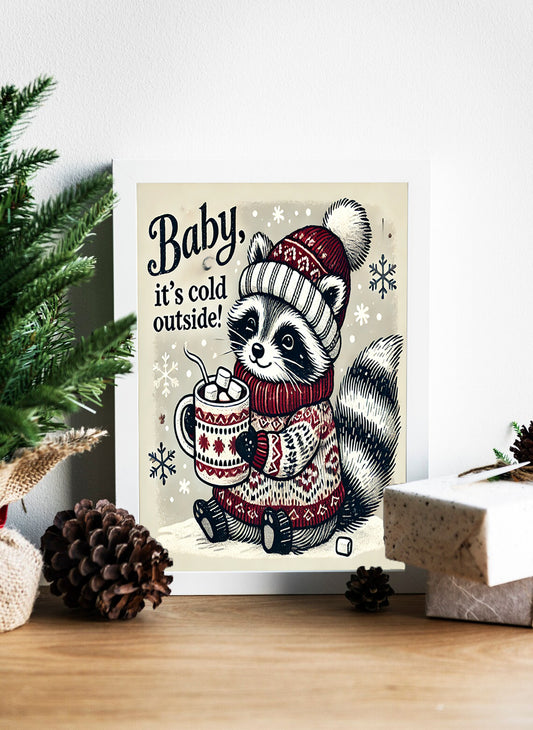 Baby, It's Cold Outside Winter Raccoon Delight - Cozy Critter Christmas Raccoon with Hot Cocoa - Winter Wonderland Vibes Adorable Raccoon Art