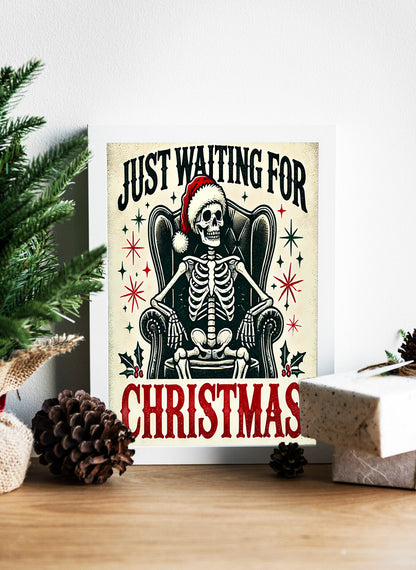 Waiting in Style Skeleton's Countdown to Christmas Canvas - Skeletal Holiday Cheer A Funny Christmas Art Piece - Spooky Season Meets Christmas Skeleton in a Santa Hat