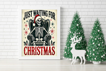 Waiting in Style Skeleton's Countdown to Christmas Canvas - Skeletal Holiday Cheer A Funny Christmas Art Piece - Spooky Season Meets Christmas Skeleton in a Santa Hat