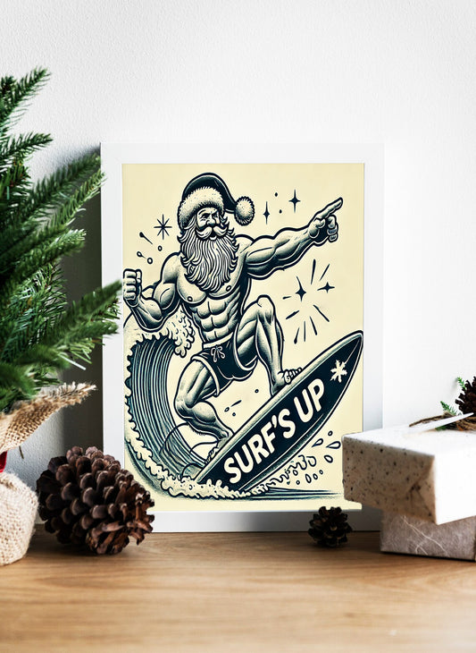 Santa’s Surf Adventure Holiday Waves Await! - Beachy Christmas Cheer Surfing Santa Decor - Santa on the Surfboard A Wave of Festive Fun