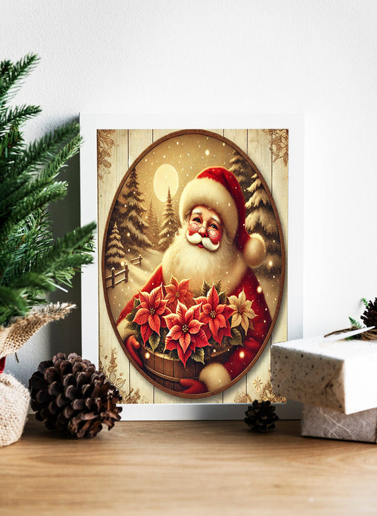 Santa’s Gift of Poinsettia Joy Canvas - Holiday Blossoms Under the Moonlight Canvas - A Rustic Christmas Eve with Santa
