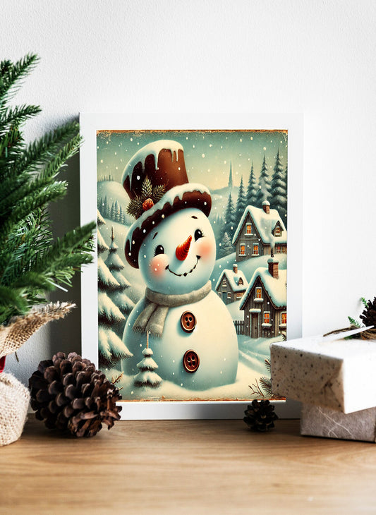 Frosty’s Cozy Winter Village Canvas - Smiling Snowman in a Winter Wonderland Print - Frosty’s Warm Glow Amidst the Snow