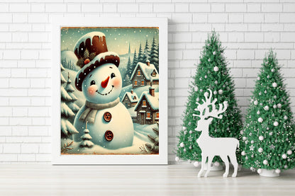 Frosty’s Cozy Winter Village Canvas - Smiling Snowman in a Winter Wonderland Print - Frosty’s Warm Glow Amidst the Snow
