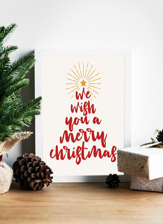 We Wish You a Merry Christmas Typography Canvas Art - Rustic Minimalist 'Merry Christmas' Wall Decor - Joyful Christmas Greeting with Radiant Star Decor