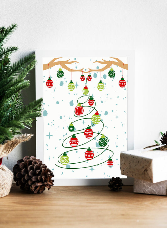 Hanging Ornaments Christmas Tree Design Canvas - Whimsical Holiday Ornaments and Tree Artwork - Rustic Branches and Ornaments Christmas Art