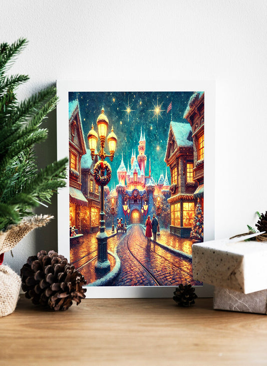 Enchanted Winter Wonderland Festive Village Under Starry Skies Canvas - Magical Christmas Eve Illuminated Holiday Street Scene Canvas - A Cozy Holiday Stroll in a Snowy Wonderland