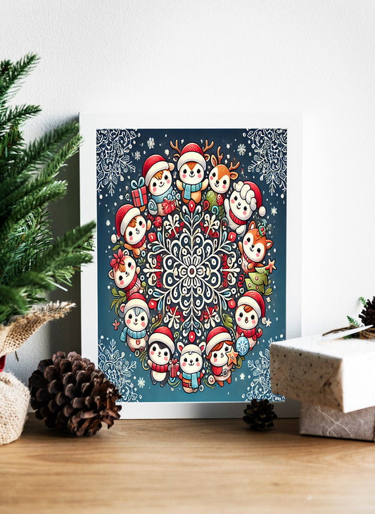 Winter Wonderland Mandala Cute Christmas Characters & Snowflakes Canvas - Festive Circle of Joy Adorable Holiday Friends and Snowy Charm - Christmas Mandala Magic A Heartwarming Holiday Canvas