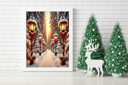 Winter Wonderland Pathway A Stroll Through Festive Lights Canvas - Twinkling Lights of Winter Festive Path Through Snowy Trees - Snowy Evening Glow A Lantern-Lit Holiday Retreat Canvas