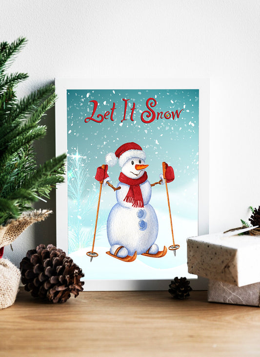 Let It Snow Winter Wonderland Snowman on Skis Canvas - A Snowy Day with a Ski Loving Snowman Canvas - Let It Snow Snowman’s Holiday Ski Adventure Canvas