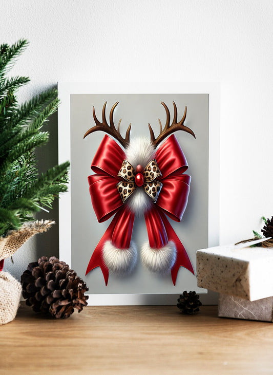 Luxurious Christmas Bow with Antlers and Fur Canvas - Elegant Holiday Decor: Red Bow and Fur Accents Canvas - Rustic Elegance: Red Bow and Antlers Artwork