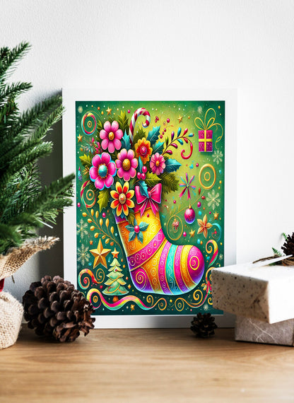 Festive Floral Stocking Wonderland Canvas - Colorful Christmas Stocking Delight - Candy Canes and Christmas Blooms Canvas
