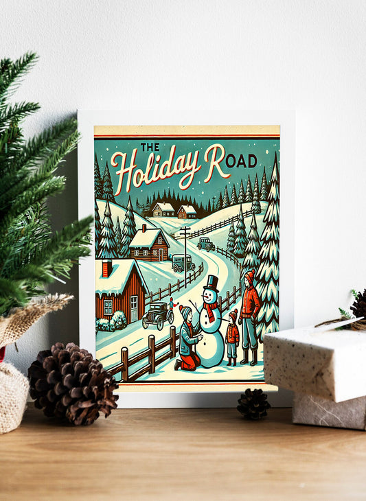The Holiday Road Vintage Winter Wonderland Print - Whimsical Christmas Canvas Building Snowmen on Holiday Road Canvas - Cozy Winter Scene The Holiday Road Wall Art