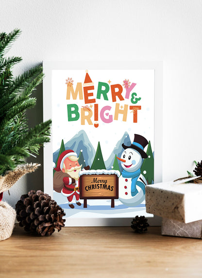 Merry & Bright Santa and Snowman Christmas Canvas - Merry & Bright Christmas Decor with Santa and Snowman - Santa and Snowman Winter Scene Holiday Wall Decor