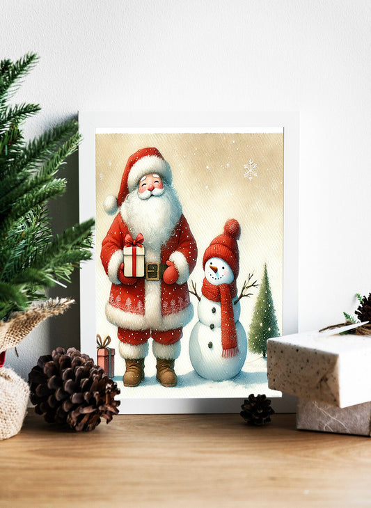 Santa's Gift: A Snowy Holiday Moment Canvas - Santa and Snowman: A Winter Friendship Canvas - Classic Christmas Scene: Santa and Snowman Canvas