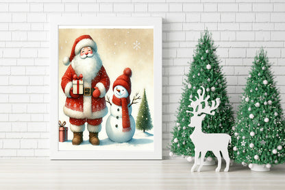 Santa's Gift: A Snowy Holiday Moment Canvas - Santa and Snowman: A Winter Friendship Canvas - Classic Christmas Scene: Santa and Snowman Canvas