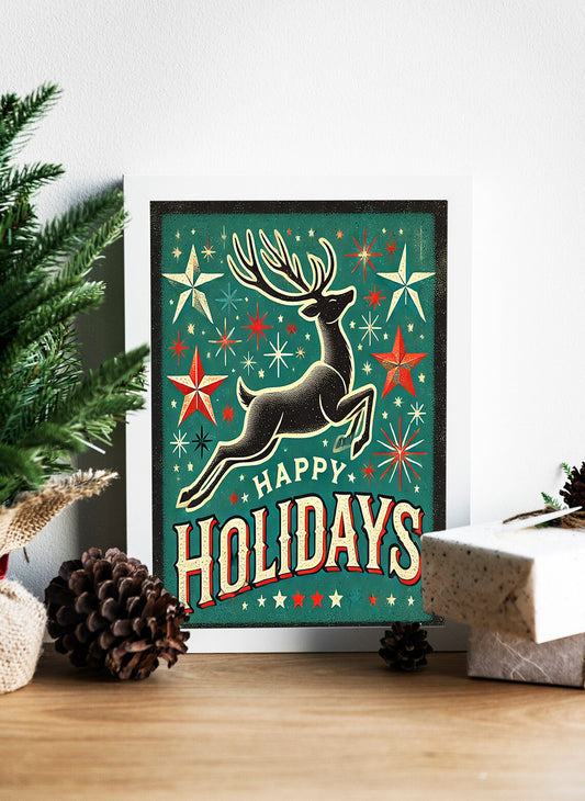 Retro Happy Holidays Reindeer Canvas - Whimsical Happy Holidays Vintage Canvas - Nostalgic Reindeer Christmas Wall Art