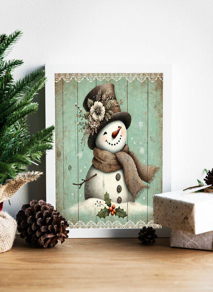 Vintage Holiday Snowman Wall Art - Rustic Snowman with Vintage Charm Canvas - Smiling Snowman in a Vintage Winter Scene - Rustic Winter Cheer: Snowman with Holly Canvas