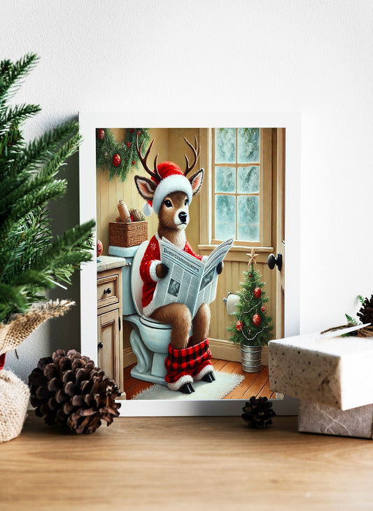 Reindeer in Relaxation: A Comical Holiday Scene - Rustic Holiday Humor: Festive Reindeer Print - Cozy Cabin Christmas: A Reindeer’s Break Time