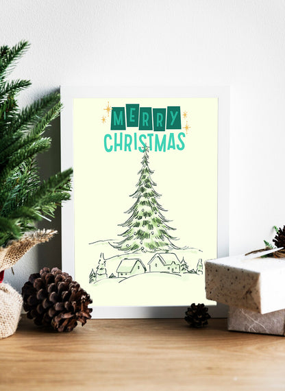 Merry Christmas Minimalist Tree Design Canvas Print - Hand Drawn Holiday Scene with Merry Christmas Canvas Print - Festive Sketch Merry Christmas Art Print