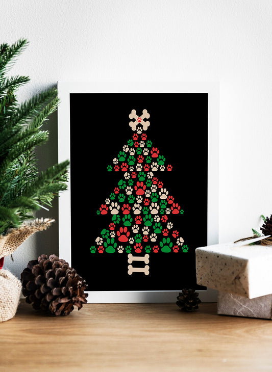Paw Prints Christmas Tree Canvas Print - Festive Paws and Bones Tree Canvas Print - Pet Lover's Festive Paw Tree Canvas Print
