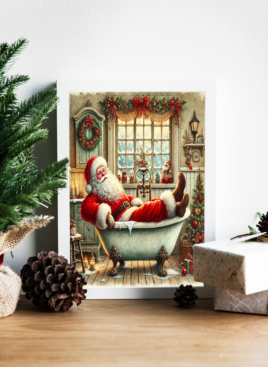 Bubble Bath Bliss with Santa Claus Canvas Print - Santa’s Cozy Christmas Bath Scene Canvas - Santa's Well-Deserved Holiday Soak Canvas