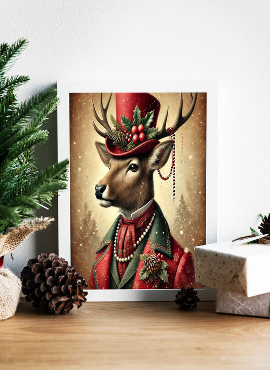 The Regal Reindeer: A Holiday Portrait - Victorian Reindeer Holiday Charm Canvas - Antlers and Elegance: A Yuletide Masterpiece - A Festive Stag in Style Canvas