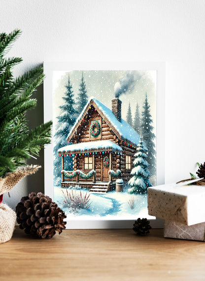 Holiday Warmth in a Winter Wonderland Canvas - Home for the Holidays Print - A Warm and Welcoming Holiday Cabin Nestled in the Heart of a Snowy Forest