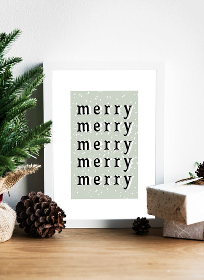 A Minimalist Christmas Art Print Featuring Repeated 'Merry' - Elegant Holiday Wall Art with Five Rows of the Word 'Merry' - Soft and Contemporary Christmas Typography Art