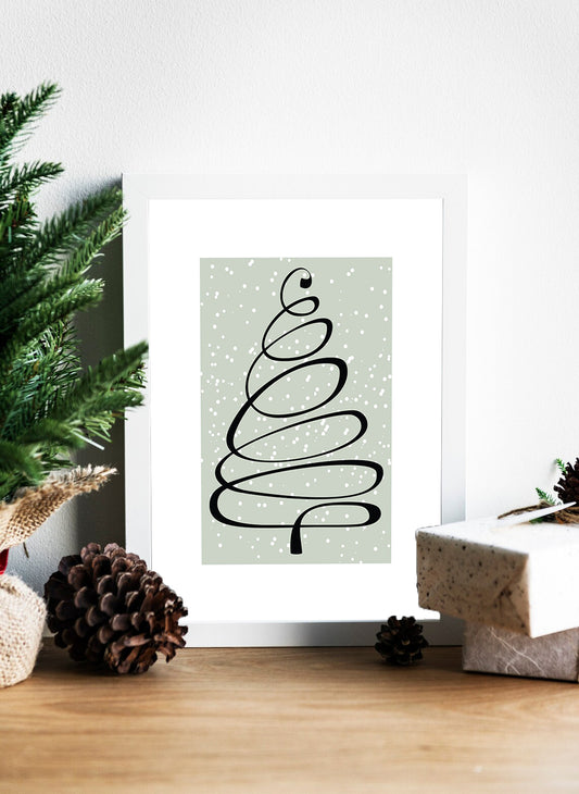 Minimalist Christmas Tree in Winter Snow a Modern Spiral Design - Modern Christmas Art Minimal Spiral Tree with Falling Snowflakes in a Sophisticated Festive Design - Simple and Elegant Holiday Canvas with a Contemporary Black Swirl Christmas Tree