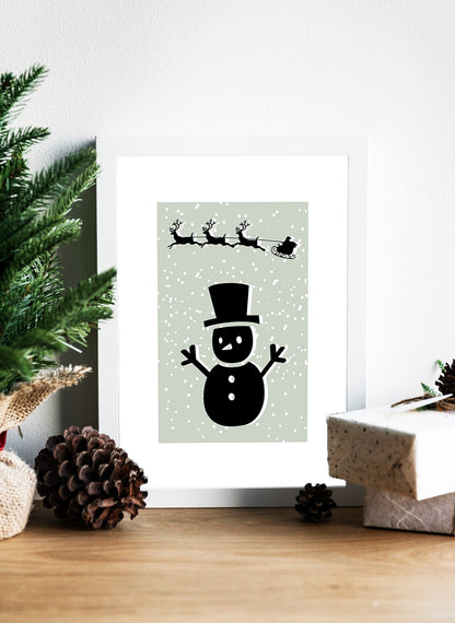 Christmas Wall Art with a Cheerful Snowman Canvas - Holiday Decor Snowman with Top Hat and Santa's Reindeer Sleigh in a Serene Snowy Scene - Modern Christmas Illustration with a Playful Snowman and Santa’s Sleigh Flying Across a Starry Winter Sky