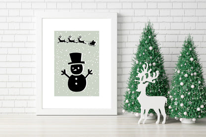 Christmas Wall Art with a Cheerful Snowman Canvas - Holiday Decor Snowman with Top Hat and Santa's Reindeer Sleigh in a Serene Snowy Scene - Modern Christmas Illustration with a Playful Snowman and Santa’s Sleigh Flying Across a Starry Winter Sky