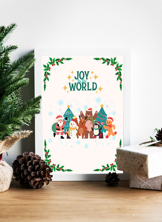 Joy to the World a Festive Holiday Scene Canvas - Heartwarming Holiday Cheer with Santa and Friends Canvas - A Colorful Christmas Celebration with Friends