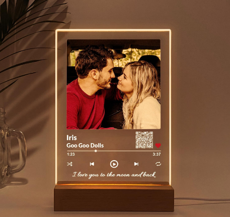 Song Plaque with QR Code, Personalized Photo Frame Music Plaques Gifts for Boyfriend, Customized Glass Art Acrylic Album Cover Night Light Gift