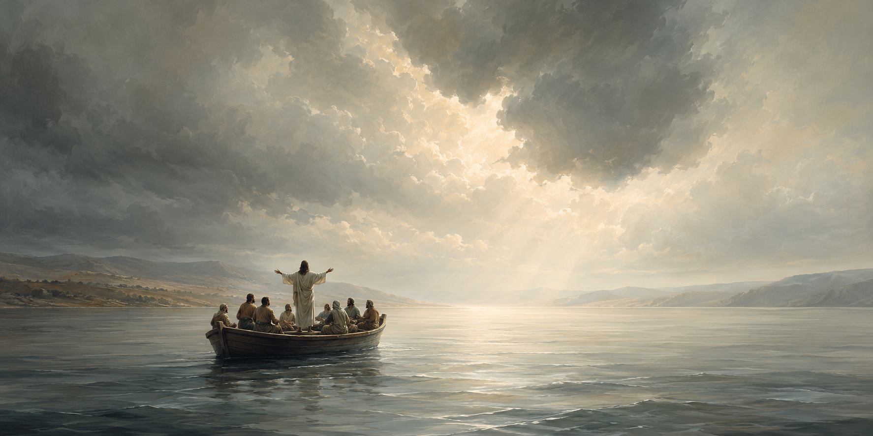 Jesus Calming the Storm Modern Neutral Christian Canvas Peace Be Still Above-Bed Staged Wall Art