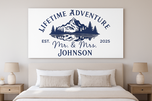 Personalized Mountain Couple Wall Art Lifetime Adventure Canvas Custom Mr & Mrs Family Name Sign Rustic Bedroom Decor Mr & Mrs Established Sign Personalized Couple Wall Art