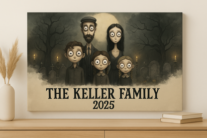 Spooky Family Portrait Custom Gothic Illustration Creepy Cute Family Canvas Haunted Mansion Style Wall Art