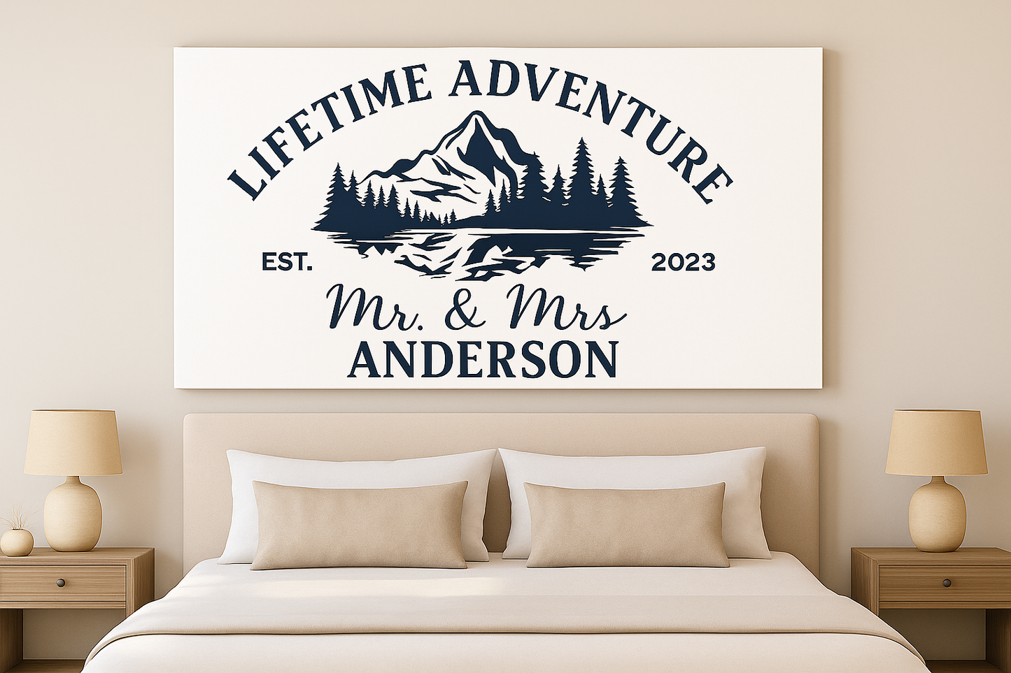 Personalized Mountain Couple Wall Art Lifetime Adventure Canvas Custom Mr & Mrs Family Name Sign Rustic Bedroom Decor Mr & Mrs Established Sign Personalized Couple Wall Art