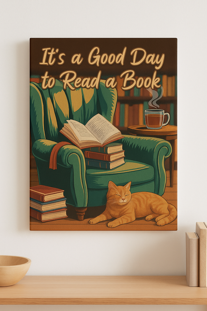 It’s a Good Day to Read a Book Sign  Cozy Cat Reading Poster Vintage Book Art Book Lover Wall Art  Vintage Reading Room Artwork